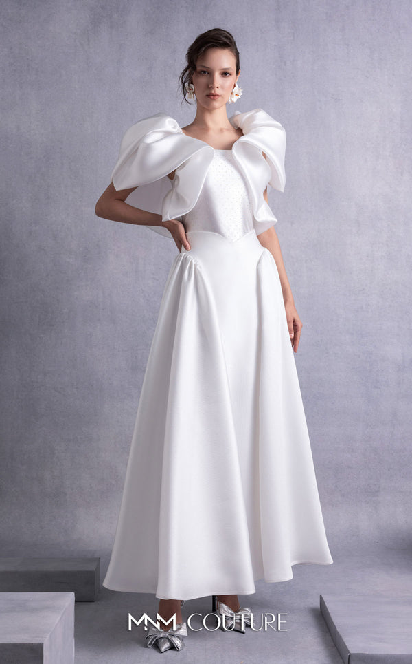 MNM Couture GOS2510 High-waisted off-white piqué midi skirt with flared silhouette and crystal-dotted jersey body with petal-like organza shoulders. | Couture Shop LA