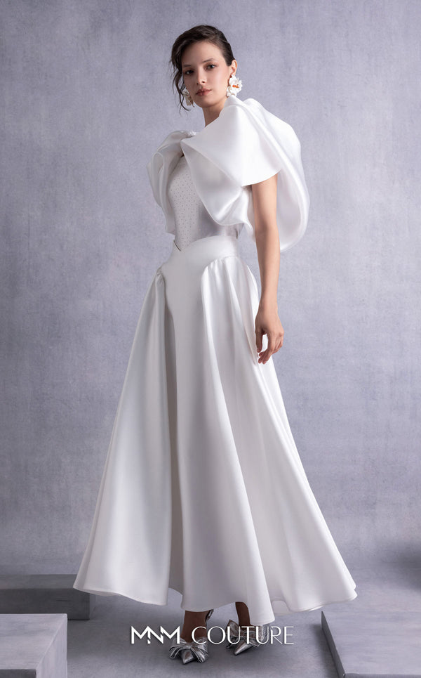 MNM Couture GOS2510 High-waisted off-white piqué midi skirt with flared silhouette and crystal-dotted jersey body with petal-like organza shoulders. | Couture Shop LA