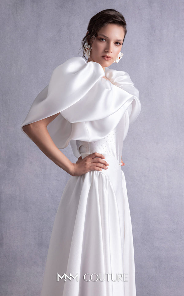 MNM Couture GOS2510 High-waisted off-white piqué midi skirt with flared silhouette and crystal-dotted jersey body with petal-like organza shoulders. | Couture Shop LA
