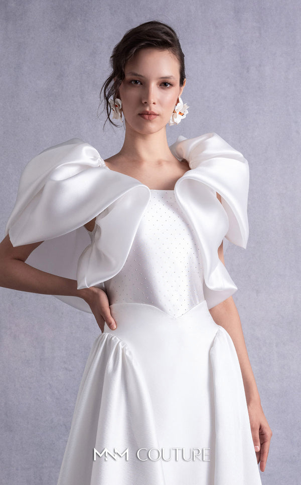 MNM Couture GOS2510 High-waisted off-white piqué midi skirt with flared silhouette and crystal-dotted jersey body with petal-like organza shoulders. | Couture Shop LA