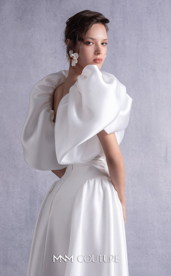 MNM Couture GOS2510 High-waisted off-white piqué midi skirt with flared silhouette and crystal-dotted jersey body with petal-like organza shoulders. | Couture Shop LA