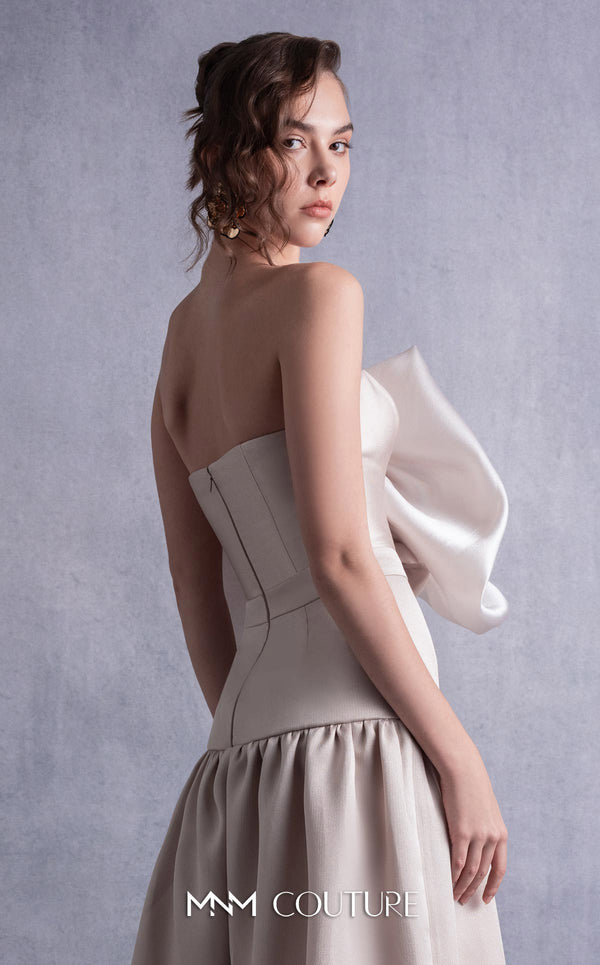 MNM Couture GOS2512 Gold champagne piqué dress with sculptural organza bust manipulation, crystal embellishments, and asymmetrical skirt. | Couture Shop LA