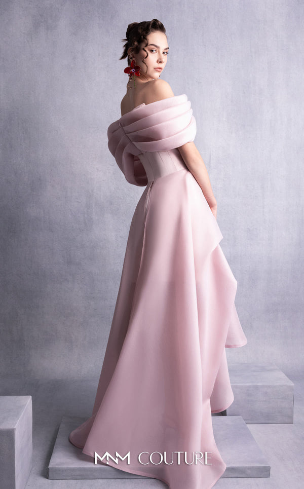 MNM Couture GOS2513 Pink organza dress with off-shoulder neckline, corset-style bodice, and cascading layered high-low skirt. | Couture Shop LA