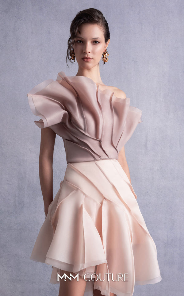 MNM Couture GOS2514 Nude flared organza skirt with layered detailing and coffee-toned organza top with sculptural ruffles and asymmetrical design. | Couture Shop LA