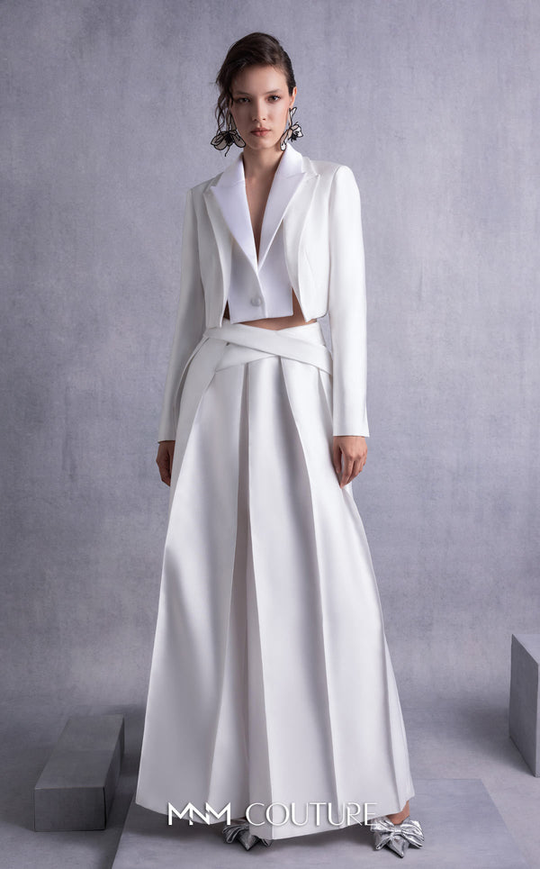 MNM Couture GOS2515 Wide-leg piqué pants with pleated front detailing and cropped piqué and razmir jacket with tailored lapels. | Couture Shop LA