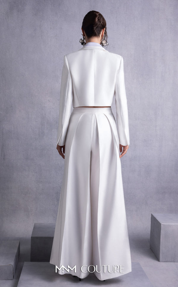 MNM Couture GOS2515 Wide-leg piqué pants with pleated front detailing and cropped piqué and razmir jacket with tailored lapels. | Couture Shop LA