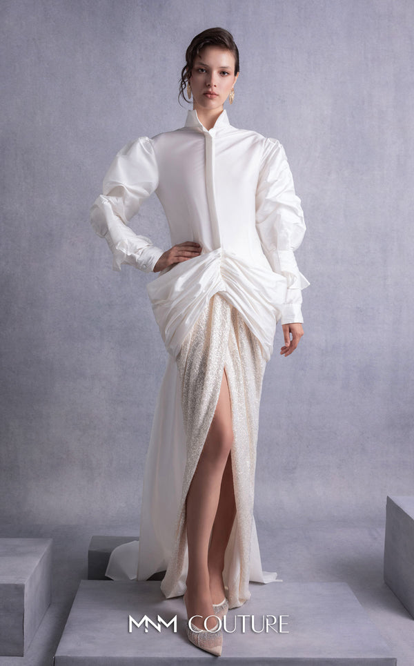 MNM Couture GOS2516 Sequined maxi envelope skirt with high slit and open-back taffeta blouse with puffed sleeves and sweeping train. | Couture Shop LA