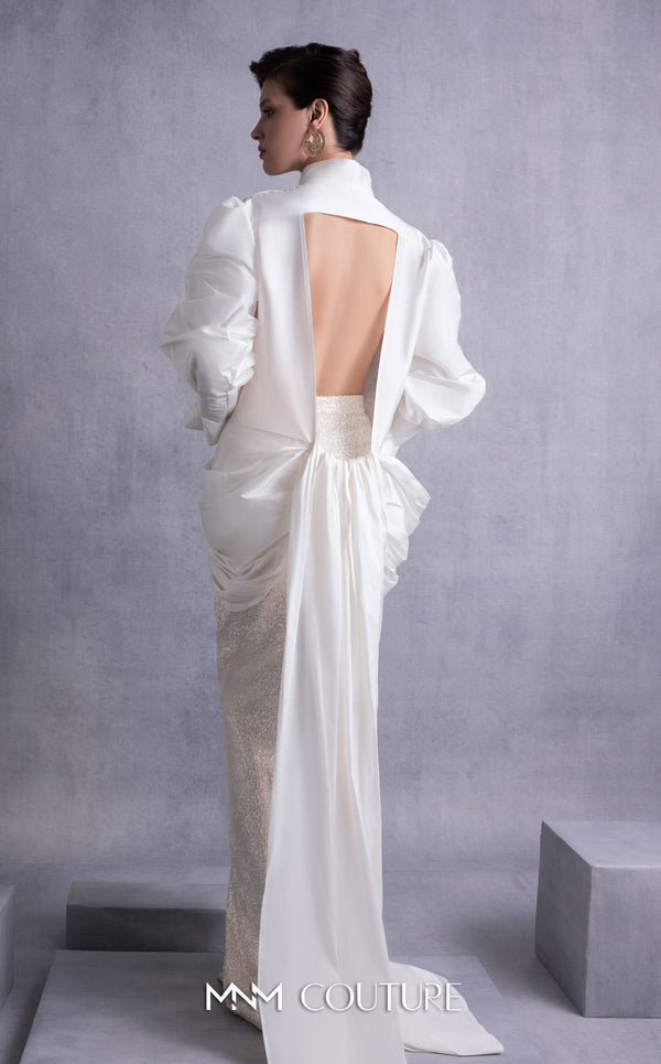 MNM Couture GOS2516 Sequined maxi envelope skirt with high slit and open-back taffeta blouse with puffed sleeves and sweeping train. | Couture Shop LA