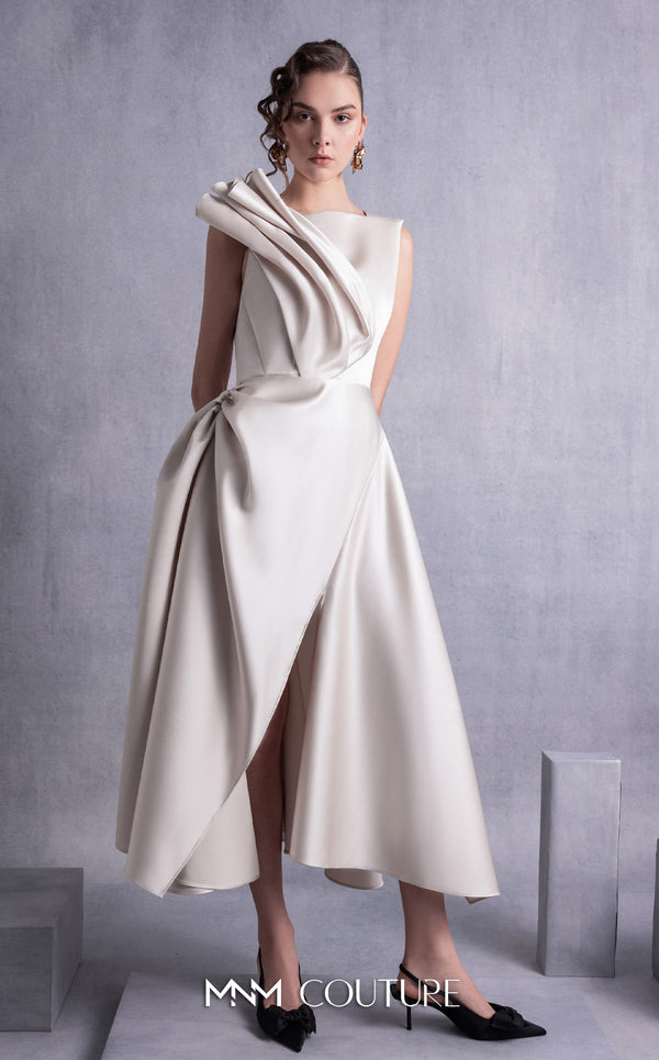 MNM Couture GOS2517 Gold champagne razmir dress with draped shoulder, cinched waist, and high slit, perfect for elegant evenings. | Couture Shop LA