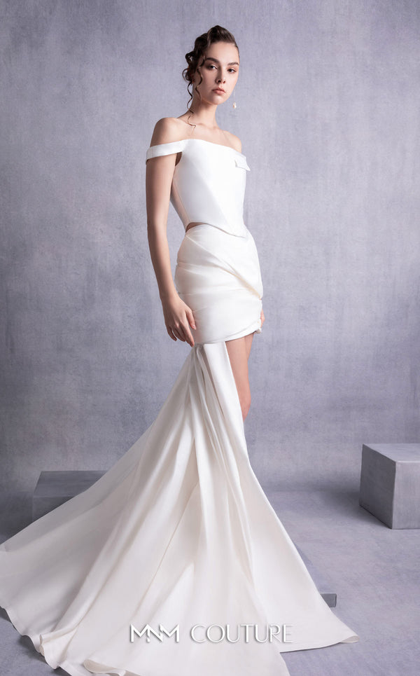 MNM Couture GOS2518 Draped taffeta skirt with sweeping train and off-shoulder piqué corset top with structured fit. | Couture Shop LA