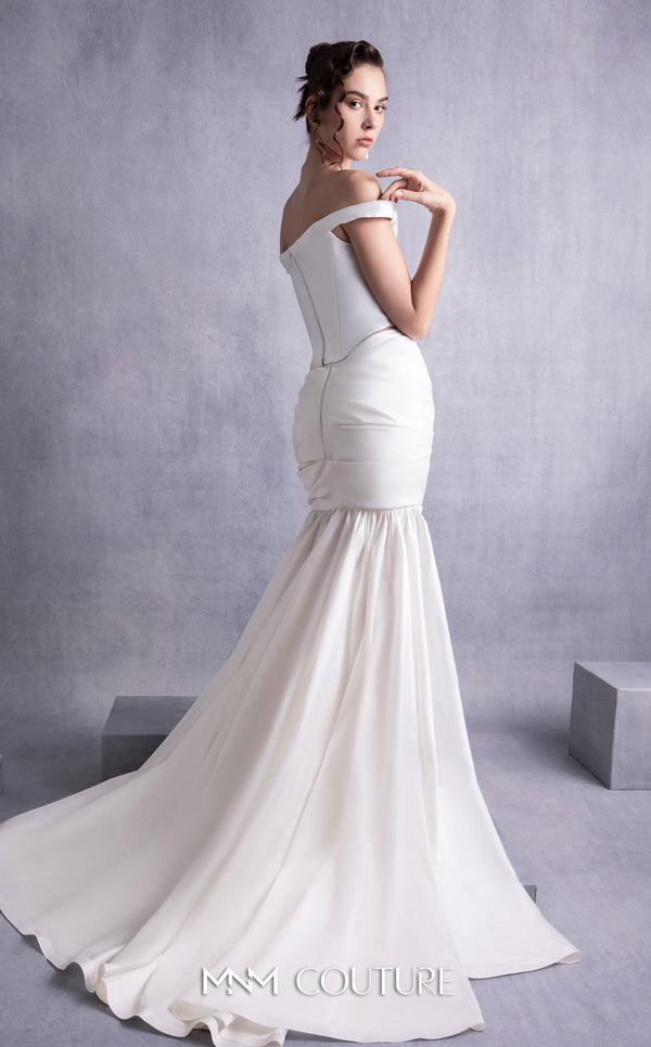 MNM Couture GOS2518 Draped taffeta skirt with sweeping train and off-shoulder piqué corset top with structured fit. | Couture Shop LA