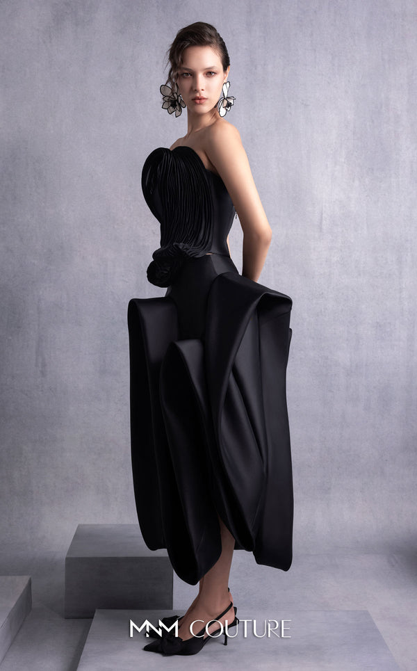MNM Couture GOS2520 High-low black razmir skirt with dramatic folds and fitted corset with 3D lamé organza pleated accents. | Couture Shop LA