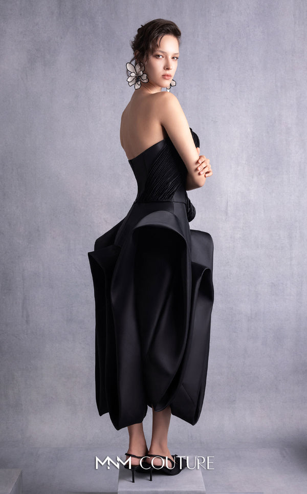 MNM Couture GOS2520 High-low black razmir skirt with dramatic folds and fitted corset with 3D lamé organza pleated accents. | Couture Shop LA
