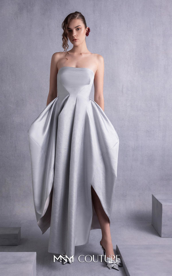MNM Couture GOS2521 Silver mikado piqué strapless dress with a form-fitting bodice and high-low hem, perfect for glamorous events. | Couture Shop LA