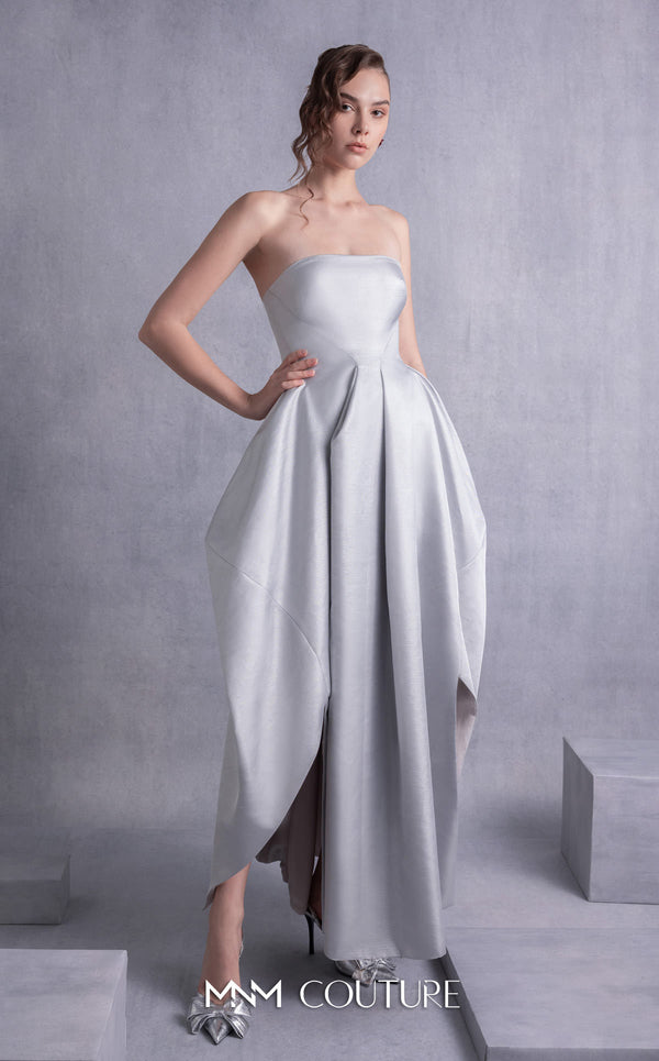 MNM Couture GOS2521 Silver mikado piqué strapless dress with a form-fitting bodice and high-low hem, perfect for glamorous events. | Couture Shop LA