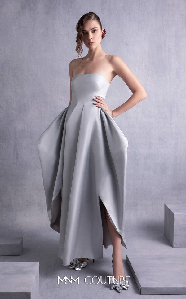 MNM Couture GOS2521 Silver mikado piqué strapless dress with a form-fitting bodice and high-low hem, perfect for glamorous events. | Couture Shop LA