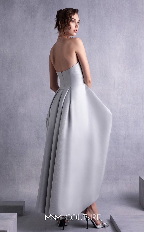 MNM Couture GOS2521 Silver mikado piqué strapless dress with a form-fitting bodice and high-low hem, perfect for glamorous events. | Couture Shop LA