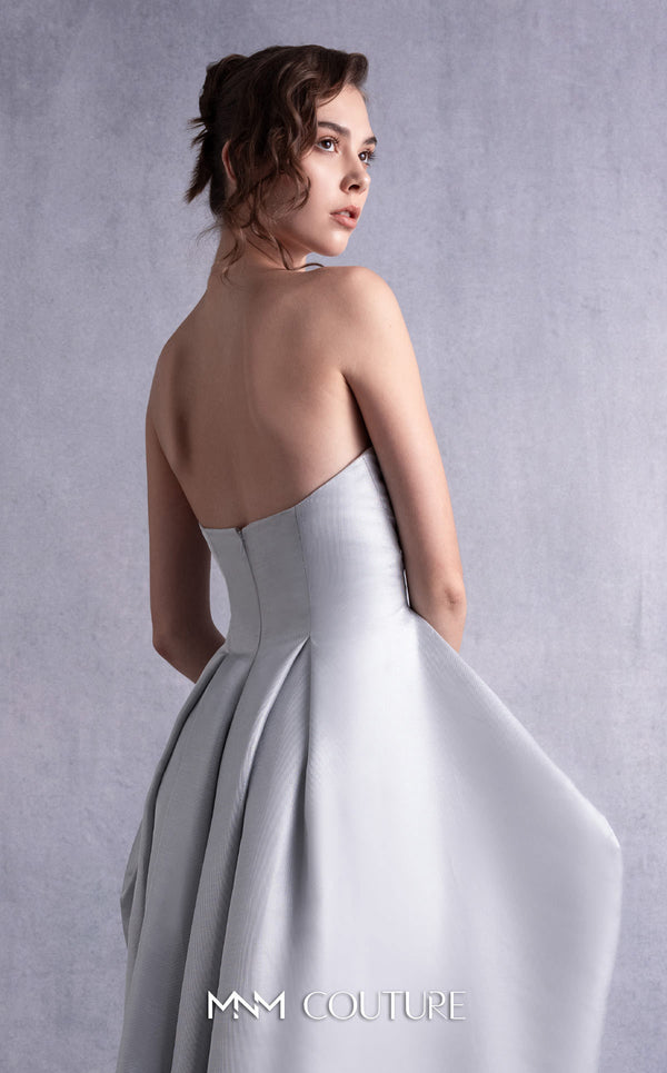 MNM Couture GOS2521 Silver mikado piqué strapless dress with a form-fitting bodice and high-low hem, perfect for glamorous events. | Couture Shop LA