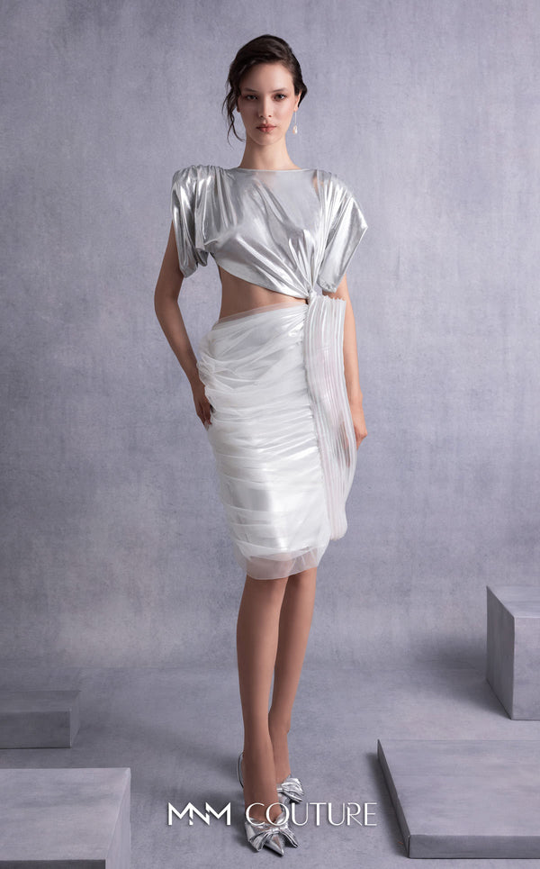 MNM Couture GOS2523 Silver lamé lycra dress with cutout design, side knot, draped tulle, and ribbed lamé organza accents. | Couture Shop LA