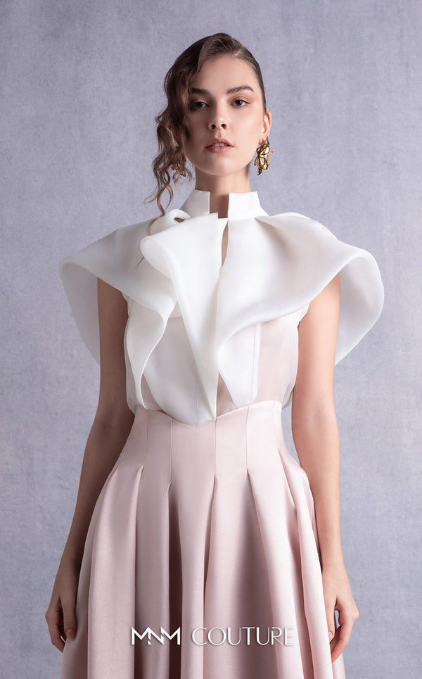 MNM Couture GOS2524 Pink mikado pleated midi skirt with high waist and off-white organza blouse with cascading pleats and high neckline. | Couture Shop LA