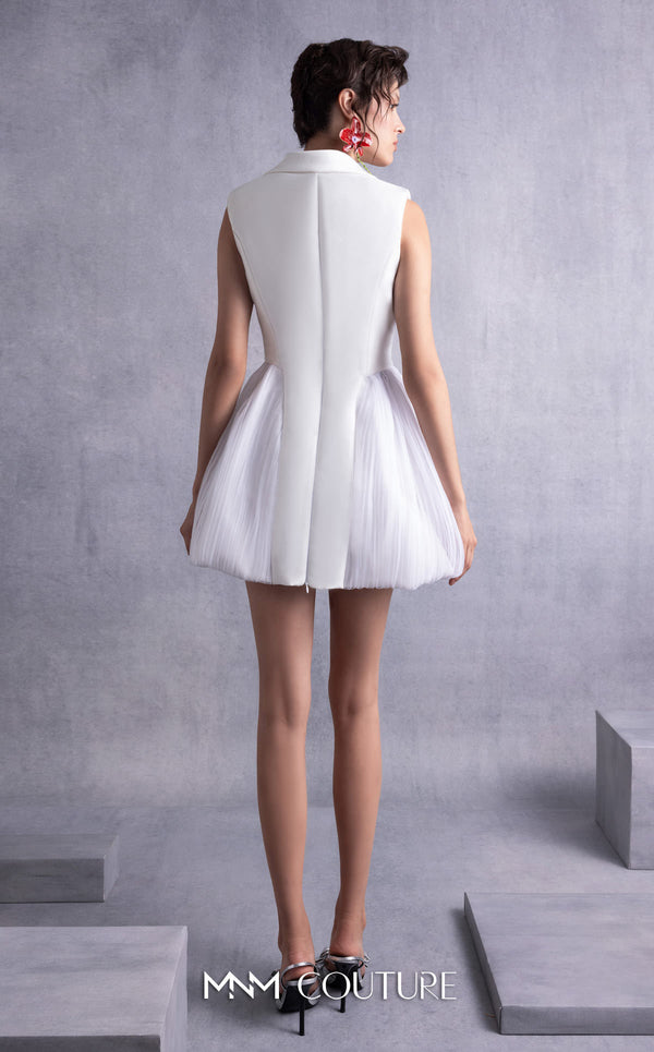 MNM Couture GOS2525 Off-white mikado piqué jacket dress with tailored bodice, sharp lapels, and couture plissé tulle side details. | Couture Shop LA