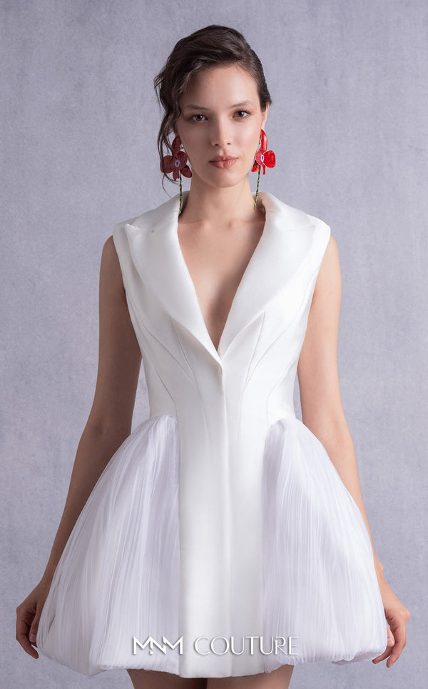 MNM Couture GOS2525 Off-white mikado piqué jacket dress with tailored bodice, sharp lapels, and couture plissé tulle side details. | Couture Shop LA