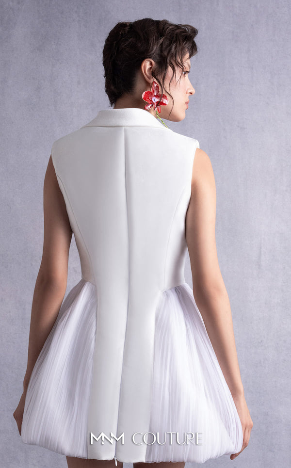 MNM Couture GOS2525 Off-white mikado piqué jacket dress with tailored bodice, sharp lapels, and couture plissé tulle side details. | Couture Shop LA