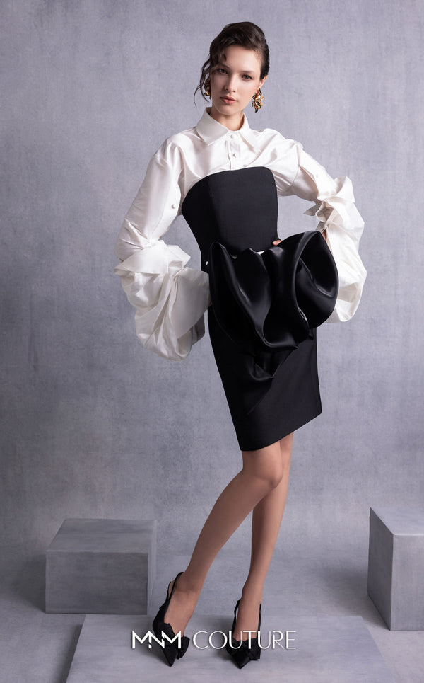MNM Couture GOS2526 Black piqué pencil skirt with organza manipulation and off-white taffeta blouse with exaggerated puffed sleeves. | Couture Shop LA