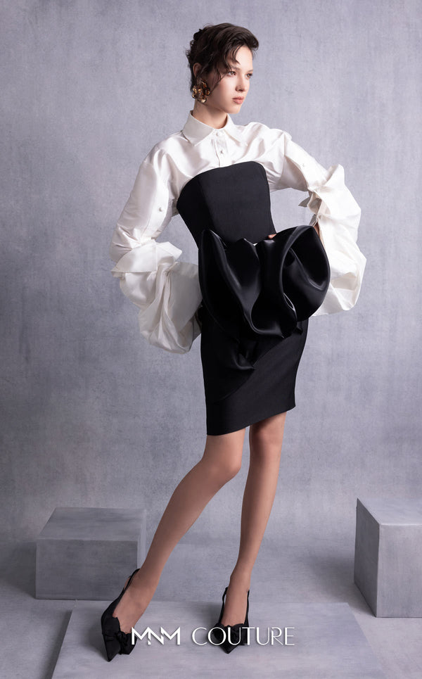 MNM Couture GOS2526 Black piqué pencil skirt with organza manipulation and off-white taffeta blouse with exaggerated puffed sleeves. | Couture Shop LA