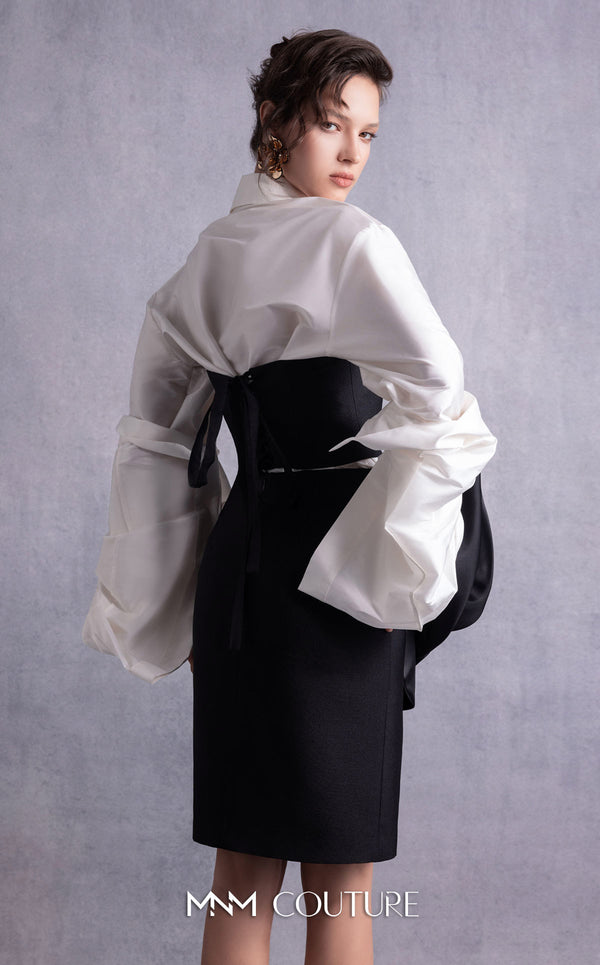 MNM Couture GOS2526 Black piqué pencil skirt with organza manipulation and off-white taffeta blouse with exaggerated puffed sleeves. | Couture Shop LA