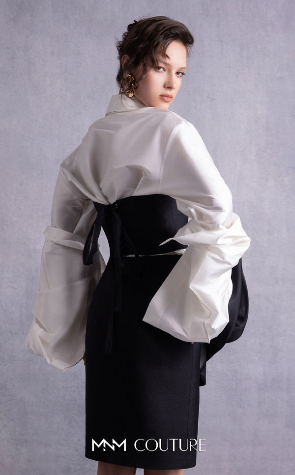 MNM Couture GOS2526 Black piqué pencil skirt with organza manipulation and off-white taffeta blouse with exaggerated puffed sleeves. | Couture Shop LA