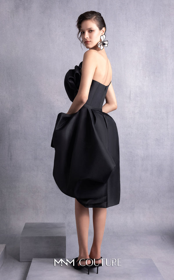 MNM Couture GOS2528 Black organza cocktail dress with asymmetric neckline, sculptural draping, and cinched waistline. | Couture Shop LA