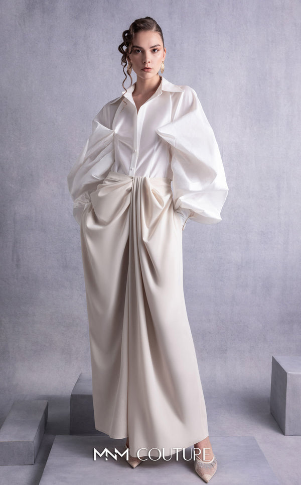MNM Couture GOS2529 Nude crepe palazzo pants with wide legs and soft pink taffeta blouse with cascading ruffled sleeves. | Couture Shop LA