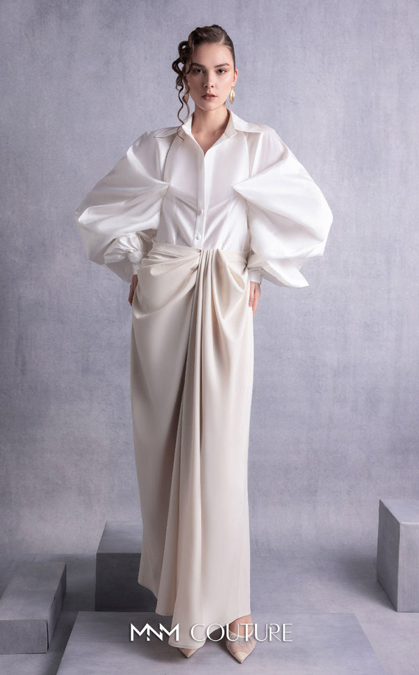 MNM Couture GOS2529 Nude crepe palazzo pants with wide legs and soft pink taffeta blouse with cascading ruffled sleeves. | Couture Shop LA