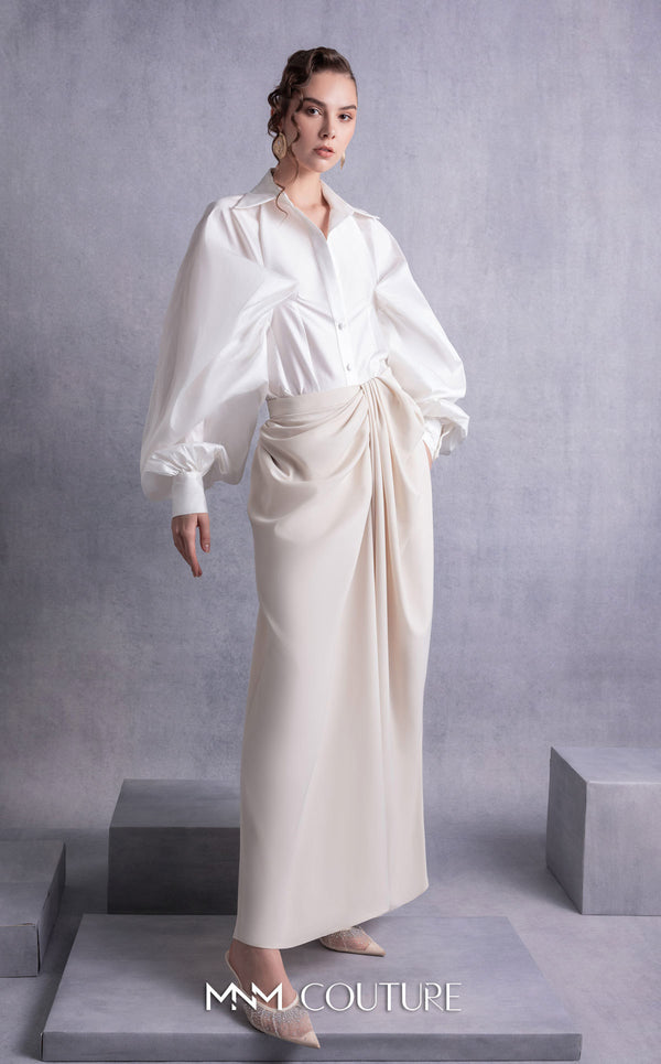 MNM Couture GOS2529 Nude crepe palazzo pants with wide legs and soft pink taffeta blouse with cascading ruffled sleeves. | Couture Shop LA