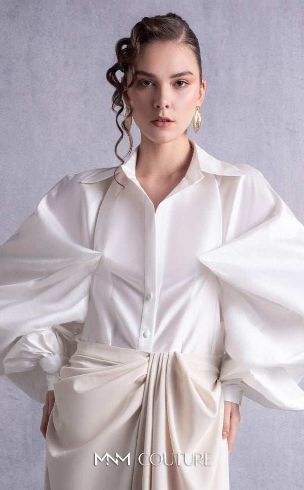 MNM Couture GOS2529 Nude crepe palazzo pants with wide legs and soft pink taffeta blouse with cascading ruffled sleeves. | Couture Shop LA