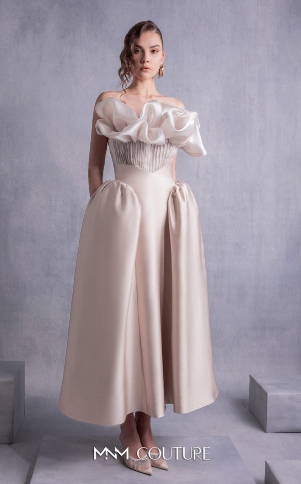 MNM Couture GOS2531 High-waist piqué midi skirt with flared silhouette and pleated gold organza corset top with dramatic ruffled detailing. | Couture Shop LA