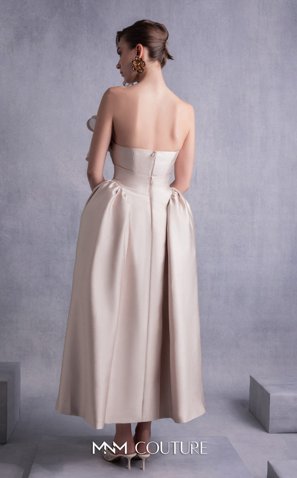 MNM Couture GOS2531 High-waist piqué midi skirt with flared silhouette and pleated gold organza corset top with dramatic ruffled detailing. | Couture Shop LA