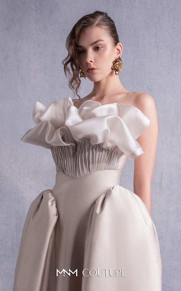 MNM Couture GOS2531 High-waist piqué midi skirt with flared silhouette and pleated gold organza corset top with dramatic ruffled detailing. | Couture Shop LA