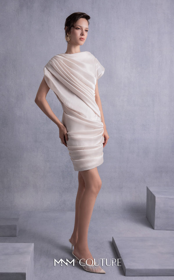 MNM Couture GOS2533 Sheer gold champagne lamé organza dress with draped design and elegant low back. | Couture Shop LA