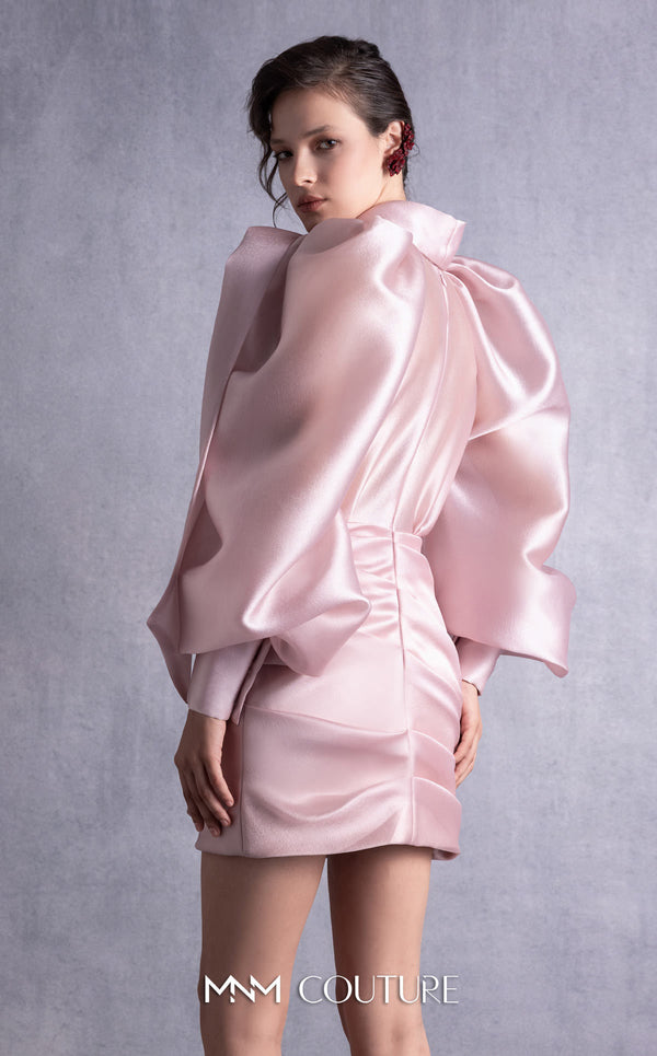 MNM Couture GOS2535 Pink organza dress with puff sleeves, scarf-like neckline, and draped skirt for a timeless elegant look. | Couture Shop LA