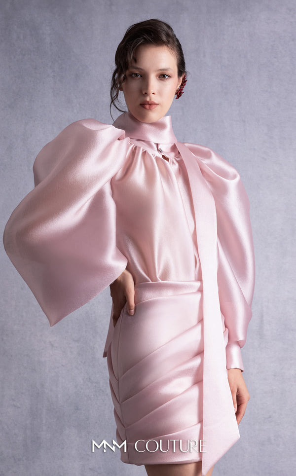 MNM Couture GOS2535 Pink organza dress with puff sleeves, scarf-like neckline, and draped skirt for a timeless elegant look. | Couture Shop LA