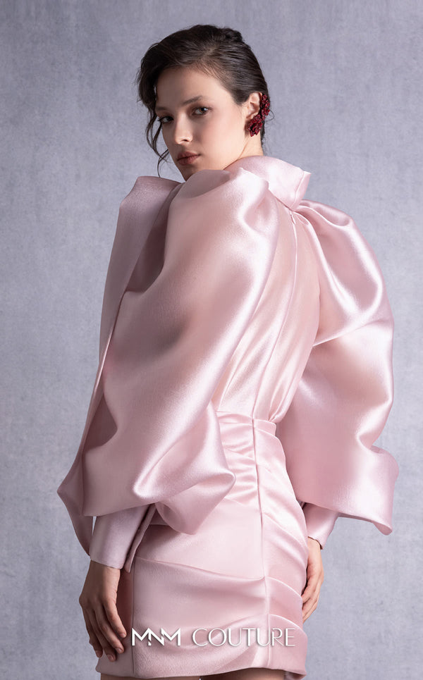 MNM Couture GOS2535 Pink organza dress with puff sleeves, scarf-like neckline, and draped skirt for a timeless elegant look. | Couture Shop LA