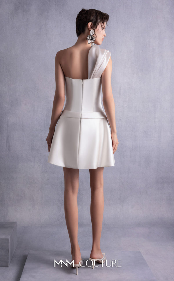 MNM Couture GOS2537 Ivory satin short dress with corset-style bodice and draped organza one-shoulder overlay. | Couture Shop LA