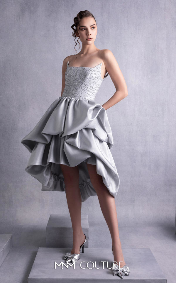 MNM Couture GOS2538 Silver mikado piqué strapless dress with angled bust design and layered ruffled skirt. | Couture Shop LA