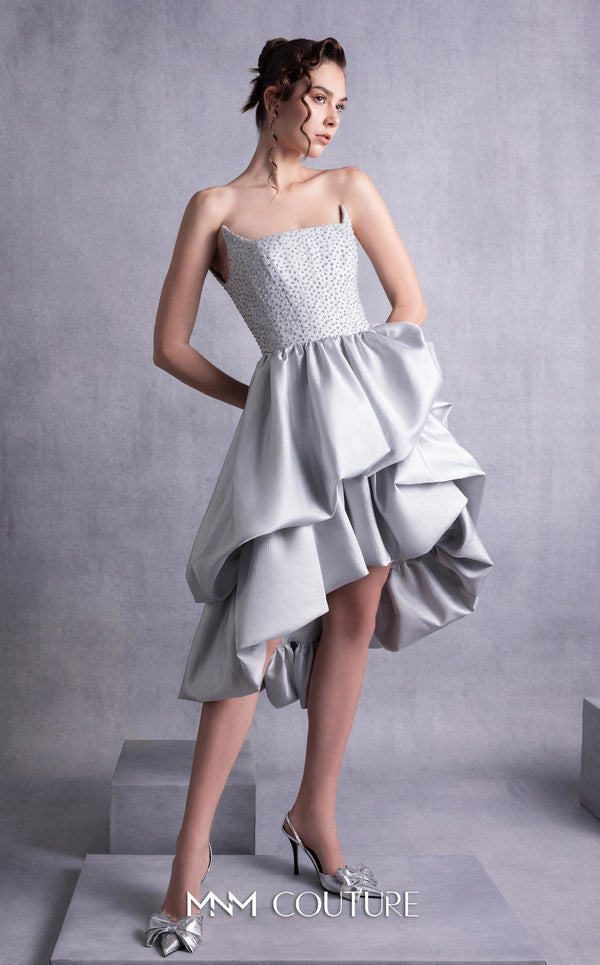 MNM Couture GOS2538 Silver mikado piqué strapless dress with angled bust design and layered ruffled skirt. | Couture Shop LA