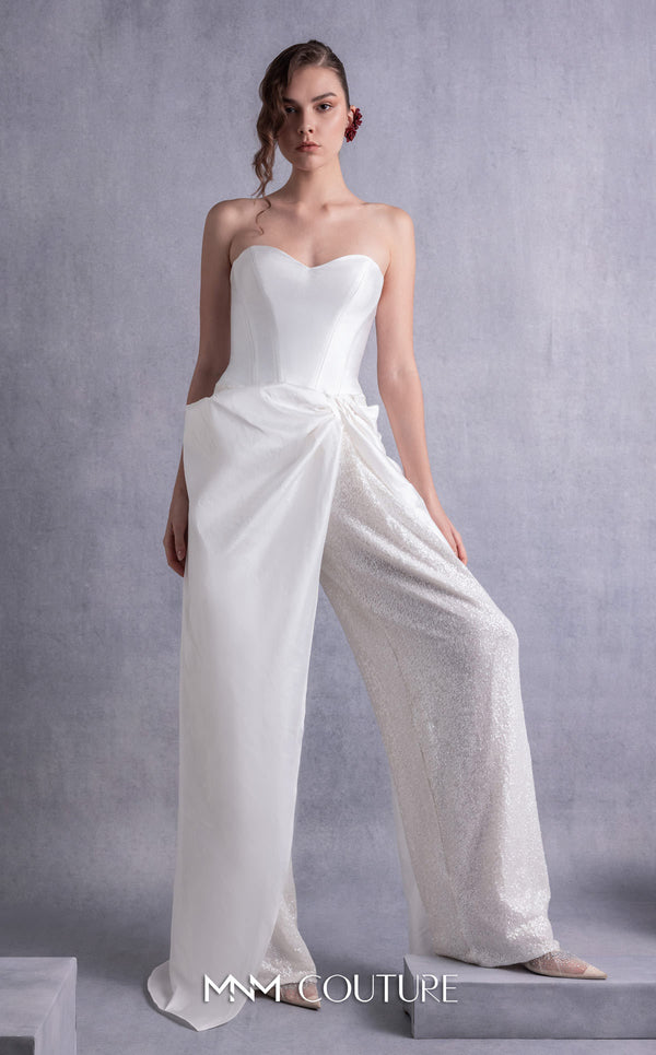 MNM Couture GOS2540 Wide-leg off-white sequined pants with taffeta overlay and heart-shaped piqué corset top. | Couture Shop LA