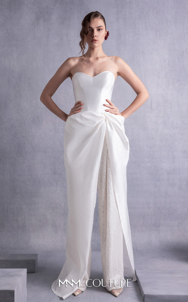 MNM Couture GOS2540 Wide-leg off-white sequined pants with taffeta overlay and heart-shaped piqué corset top. | Couture Shop LA