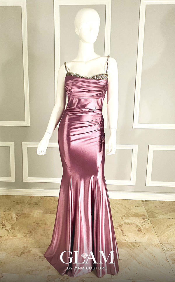 GLAM By MNM COUTURE H05019 rhinestone embellished maxi dress with spaghetti straps and straight-cut neckline.