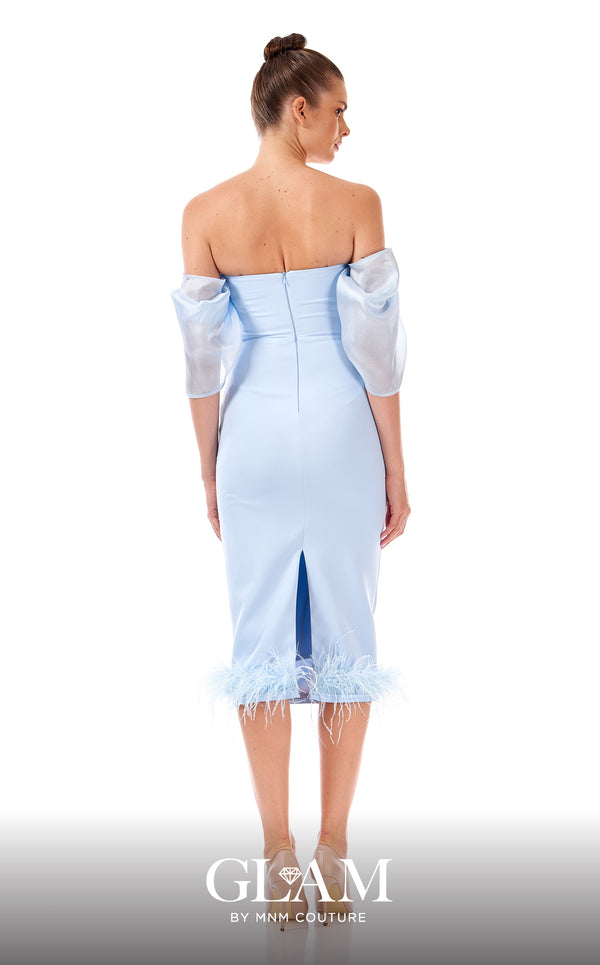 MNM Couture H08387 light blue mikado strapless midi dress with sheer organza overbust wrap, puffed off-shoulder organza sleeves, and feather-trimmed hem | Couture Shop LA